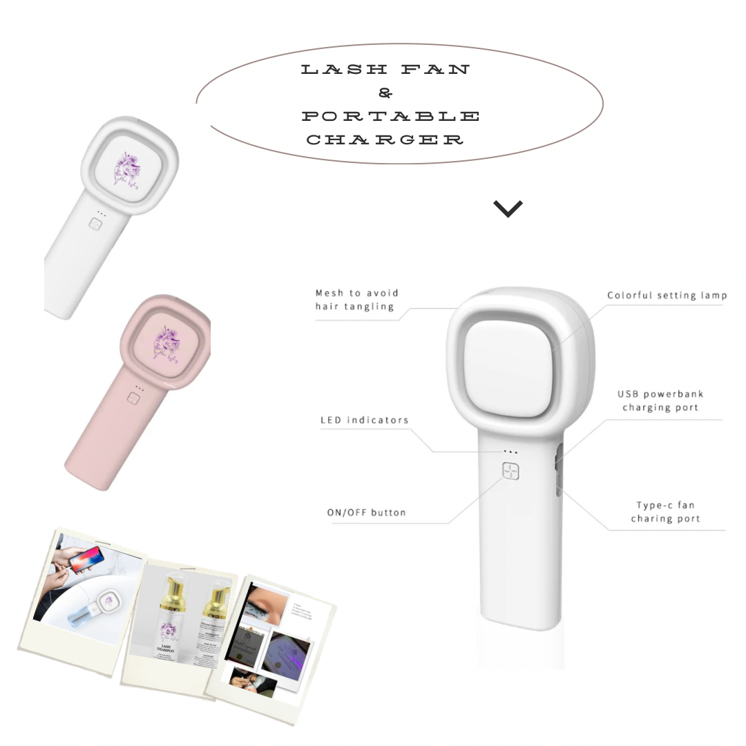 image of lash fans that are also a portable charger. The image displays the features of the product: colorful setting lamp, USB powerbank charging port